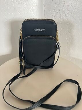 Forever Young Black Mini Crossbody Phone Pouch with Gold Hardware